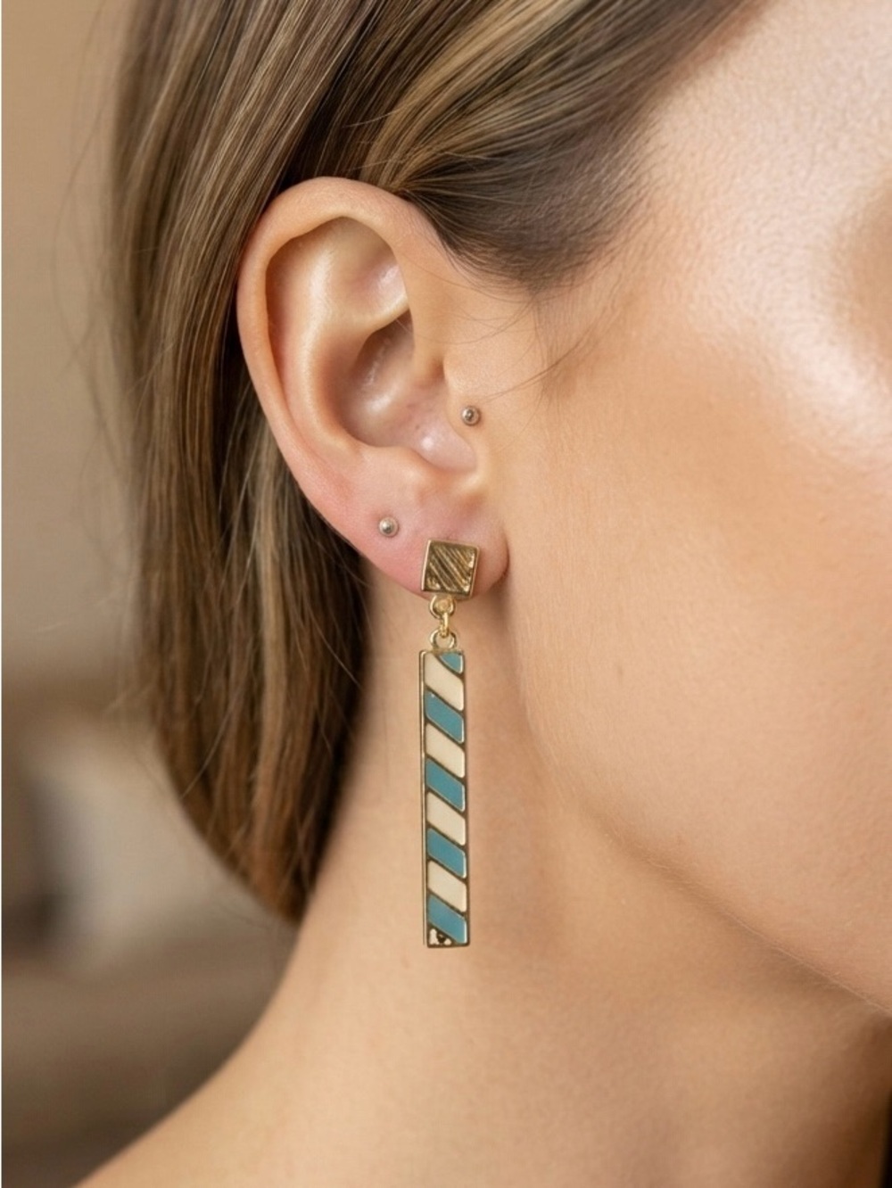 5/$25 Gold-Tone Teal & Cream Stripe Drop Earrings
